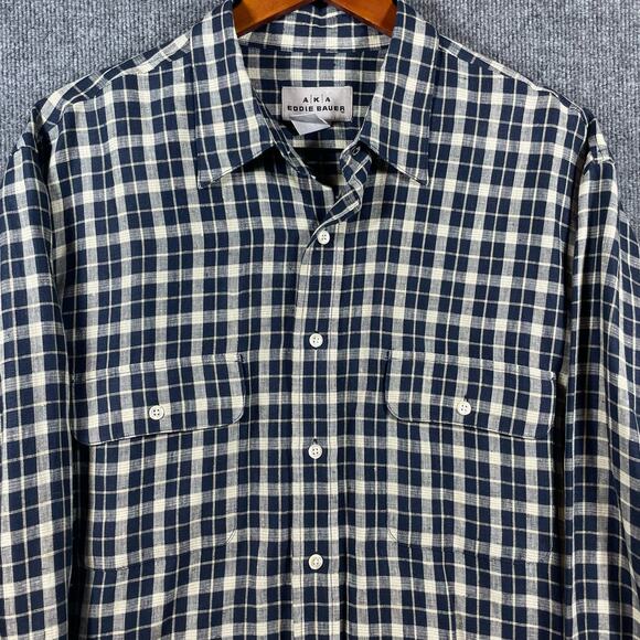 AKA Eddie Bauer Button Up Shirt Men's Large Blue Plaid Long Sleeve 100% Linen - Picture 2 of 10